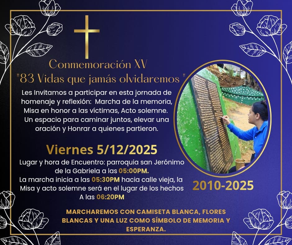 La jornada de conmemoración comenzará a las 05:00 PM en la parroquia San Jerónimo de la Gabriela