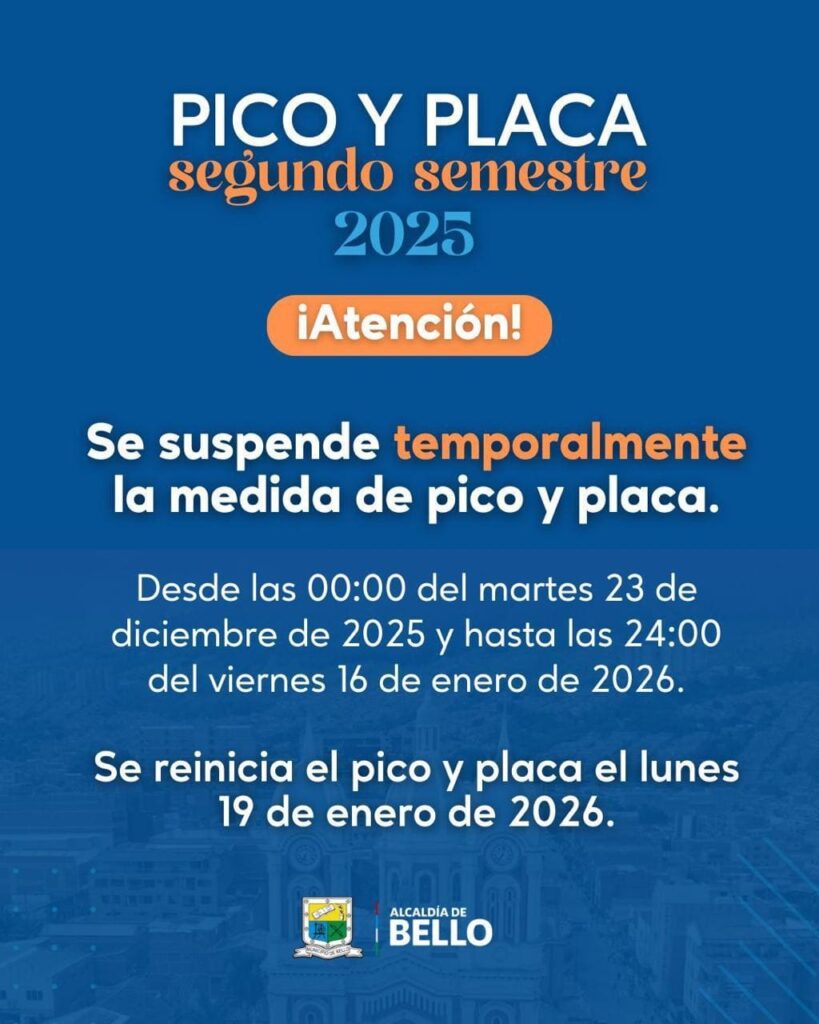 Levantan el pico y placa en Bello y el Valle de Aburrá por temporada de Navidad y vacaciones