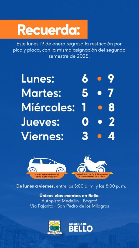 Así funcionará el pico y placa desde este lunes 19 de enero en Bello y el Valle de Aburrá